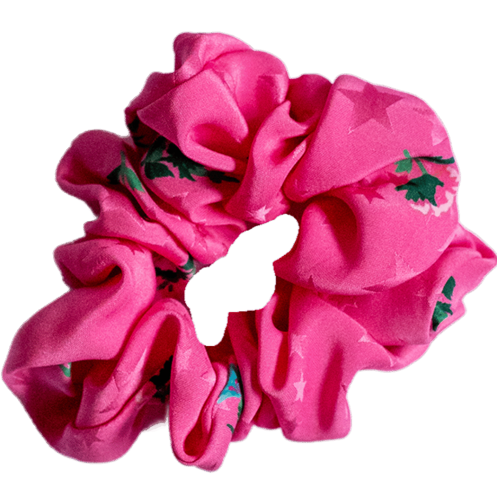 Růžová hedvábná scrunchie velikosti M se zeleno-modrým květinovým potiskem